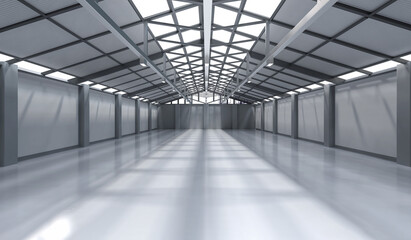 Interior empty factory with pendant lamps