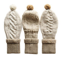 Woolen Mittens with Cable Knit Designs and Matching Hat Isolated on Transparent Background