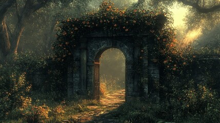 Obraz premium Stone gate overgrown with flowers in a lush, sunlit garden setting