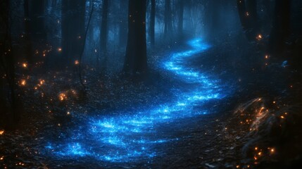 Naklejka premium Glowing blue path winds through a dark forest with scattered orange lights
