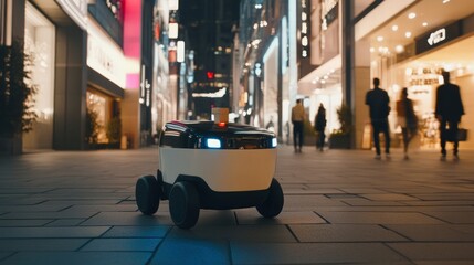 Obraz premium Delivery Robot Navigating City Street at Night Near Pedestrians and Shops
