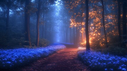 Obraz premium Forest path Blue flowers on one side, orange leaves on the other