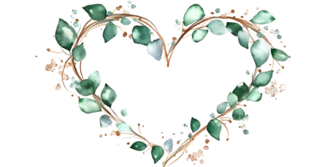 Isolated Floral Heart Illustration Featuring Green Leaves With Gold Branch and Watercolor