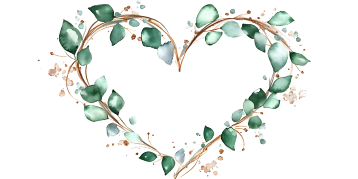 Isolated Floral Heart Illustration Featuring Green Leaves With Gold Branch and Watercolor