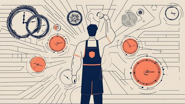Man adjusts intricate clockwork design, time management concept