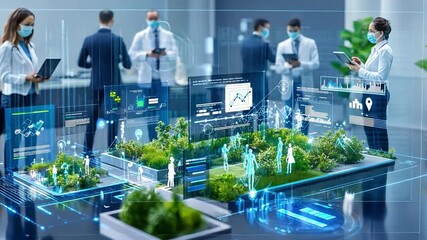 Futuristic Urban Planning: A group of professionals in a cutting-edge environment analyze a sophisticated digital model, with elements of data visualization and technology.