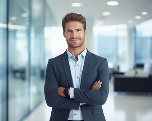 Fototapeta premium Businessman crossed arms on a blurred office background 