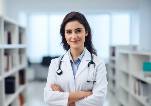 Female Doctor Doctress crossed arms on a blurred doctor office background
