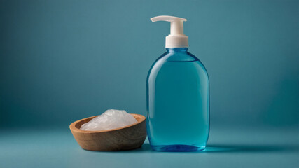 Obraz premium Hygiene Essentials: A blue bottle of cleansing solution with a pump and a wooden bowl with white cream against a plain blue backdrop.