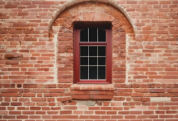 Fototapeta premium Red brick building featuring windows secured with iron bars, blending industrial and secure architectural elements. 