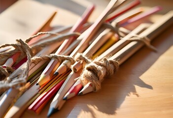 Colorful natural rope ties together pencil-shaped logs, symbolizing a strong and resilient interconnected network.
