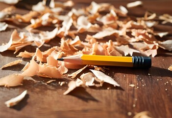 Pencil sharpened with wood shavings scattered around.
