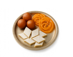 Gulab Jamun, Jalebi, and Kaju Katli arranged neatly in a silver plate – isolated on transparent background PNG