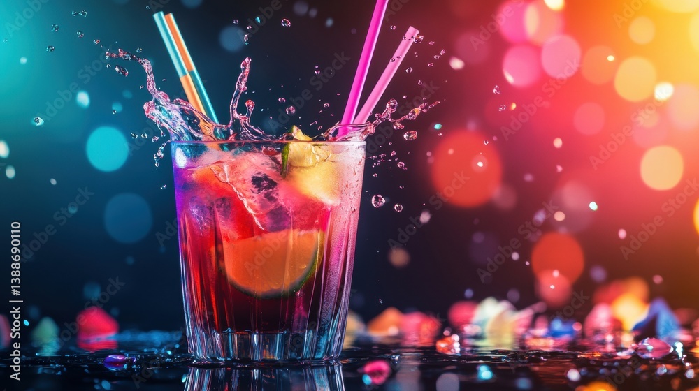 Poster vibrant cocktail splashes with colorful straws in a tropical setting creating a lively atmosphere du