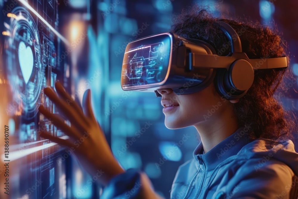Poster Student engages in interactive virtual reality learning in a digital classroom setting