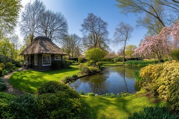 A beautiful landscape featuring a pond and small thatched cottage