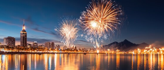 Naklejka premium Stunning fireworks exploding in the night sky above a modern cityscape reflecting beautifully on the calm waters below