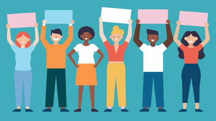 Obraz premium Community Support A diverse group of individuals holding up signs or banners with supportive messages for a startup symbolizing community backing and encouragement.