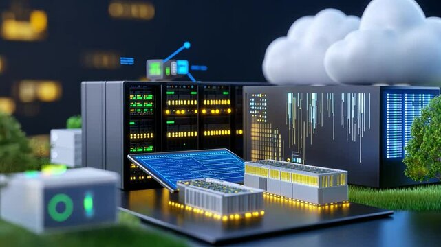 Digital Frontier: Data servers and cloud technology coexist in a sophisticated and dynamic digital realm, reflecting the essence of modern data management.