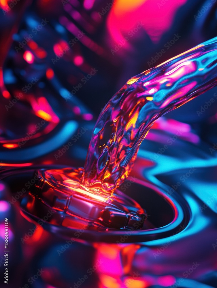 Aufkleber brightly colored fuel flows smoothly into a car engine, creating a surreal glow with vibrant neon hu