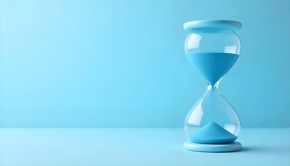 A minimalist composition featuring an hourglass with blue sand against a soft blue background