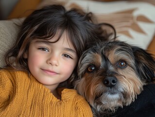Child Cuddling with Dog on Cozy Couch
