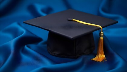 An elegant graduation cap adorned with a gold tassel, resting on a rich blue fabric background