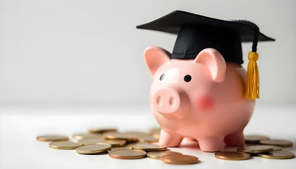 A piggy bank topped with a black graduation cap, surrounded by scattered coins symbolizing financial planning, investing in education, and the value of scholarships for academic success