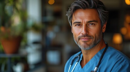 Fototapeta premium Male medical professional in scrubs, compassionate expression, 3/4 view against modern clinic wall, gentle window light with soft fill, f/2.8, heal