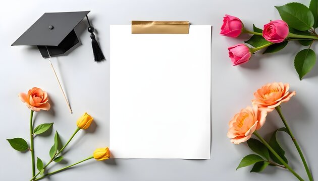 A blank invitation card next to graduation props and flowers, ready for personalized design insertion