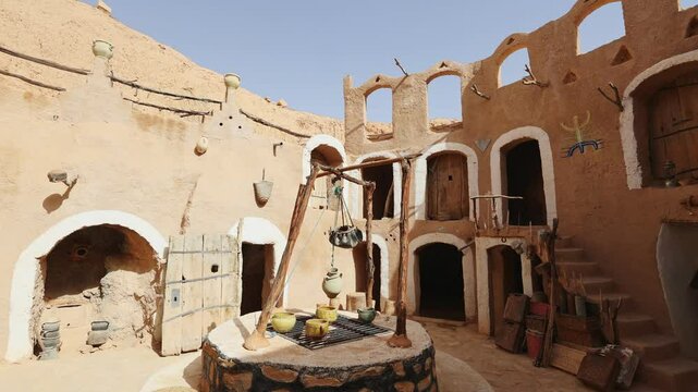 Abandoned Berber dwellings with arched doorways carved into walls of earthen pit in Matmata, Tunisia, revealing history of ancient troglodyte architecture