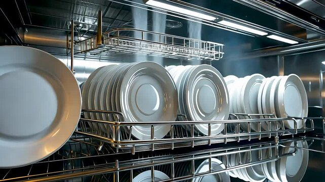Spotless white dishes arranged in commercial dishwasher rack after steam rinse