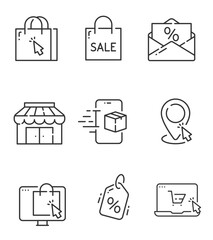 Set of shopping icons. Сollection of web icons for online store, such as discounts, delivery, contacts, payment, app store, location, shopping cart. Editable vector stroke