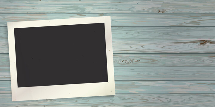 Blank old instant photograph frame on cut timber panels turquoise blue colores distressed weathered graphic illustration.