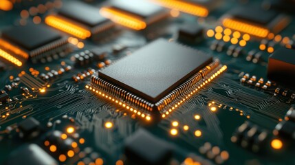 Obraz premium Close up image showcasing a detailed circuit board with glowing lights