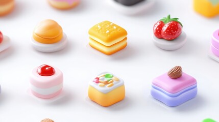 Obraz premium Colorful miniature desserts arranged on a white surface
