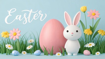 Cute Easter Bunny with Pink Egg and Spring Flowers in Pastel Garden Scene

