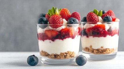 Two parfaits layered with creamy yogurt, granola, and a vibrant mix of strawberries, raspberries, and blueberries are showcased. The composition features the parfaits in the foreground, slightly blur
