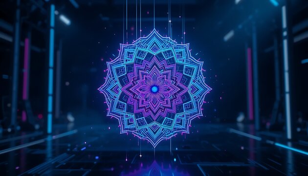 Glowing Mandala Design Floating in a Dark Futuristic Space with Reflection