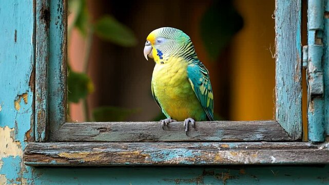 Single parakeet perched gracefully on a rustic window frame. Suitable for marketing or business purposes