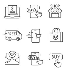 Set of shopping icons. Сollection of web icons for online store, such as discounts, delivery, contacts, payment, app store, location, shopping cart. Editable vector stroke