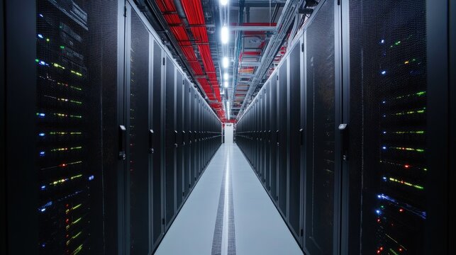 A long hallway filled with server racks in a data center