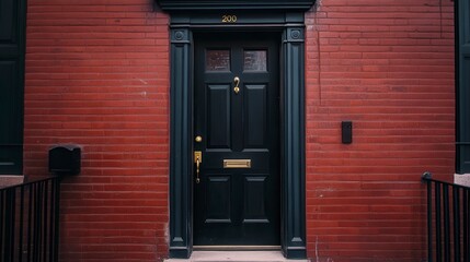 Dark green door on a red brick building.