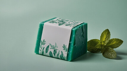 A green block of soap wrapped in floral paper packaging sits next to fresh mint leaves on a pale green surface in a well-lit setting.