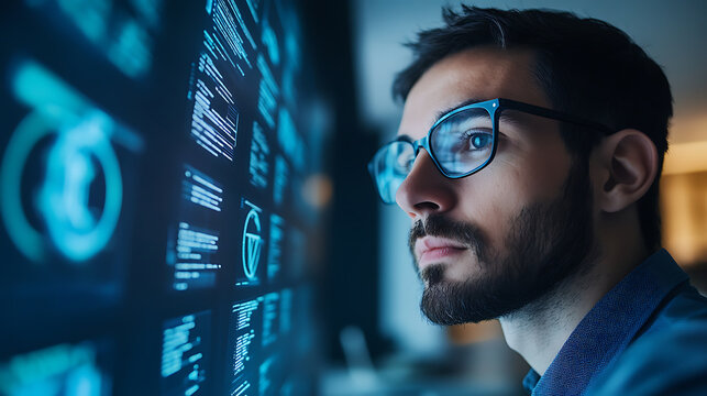 A machine learning researcher optimizing natural language processing algorithms, office with data models and language interfaces visible, High-tech style