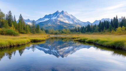 Fototapeta premium A serene lake reflects a majestic snow-capped mountain range. Autumnal trees line the shore. The image is high-resolution, with crisp details and natural lighting. The style is scenic and peaceful,