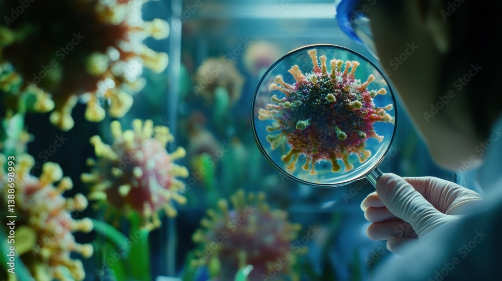 Leinwandbilder scientist examines virus structure with magnifying glass in laboratory setting focusing on intricate