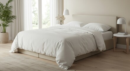 Inviting bedroom interior showcasing a comfortable bed with white duvet cover