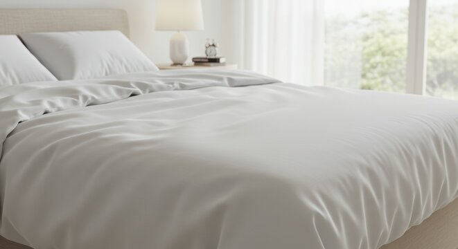 Inviting bedroom scene showcasing a pristine white bed with soft diffused light
