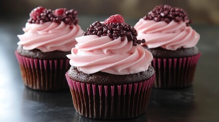 Three chocolate cupcakes with pink frosting and raspberry sprinkles